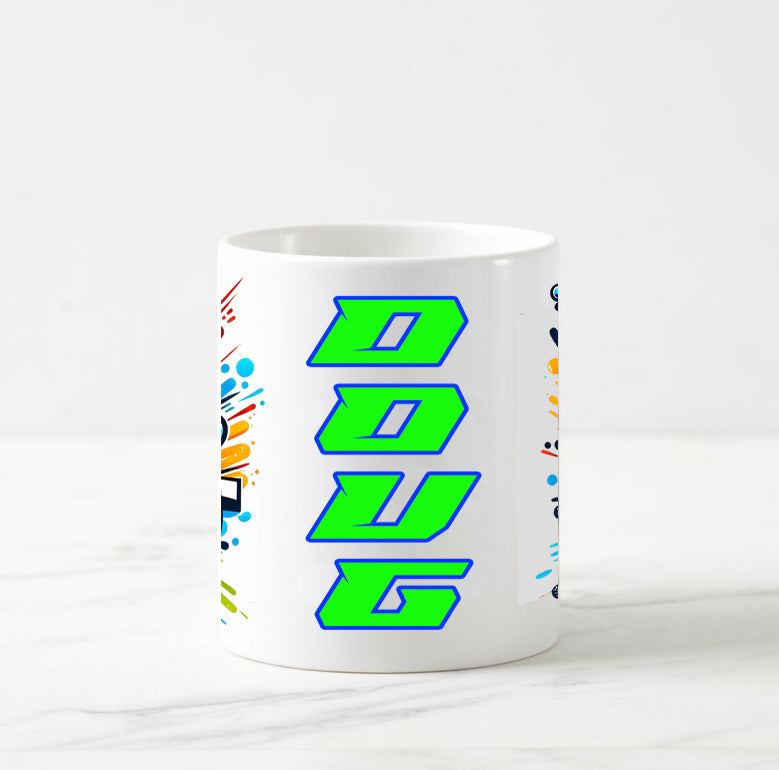 Personalized Race Day Coffee Mug with Race Day Graphics On Each Side Name in the Center