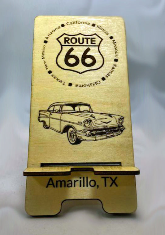 Cell Phone Stand Laser Cut and Engraved Southwest Route 66 Themed Phone Stand