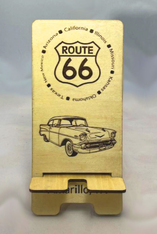 Cell Phone Stand Laser Cut and Engraved Route 66 Themed Phone Stand