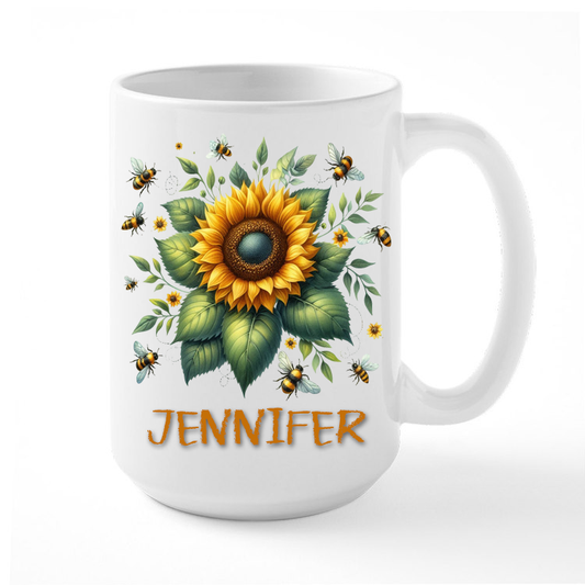 Coffee Mug Featuring a Colorful Sunflower with Bees Personalized With Name of Choice