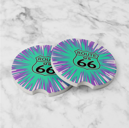 Two Route 66 Themed Car Coasters With A Colorful Background And The Route 66 Shield On Top