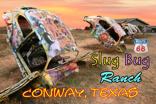 Route 66 Fridge magnet featuring the Slug Bug Ranch in Conway, TX