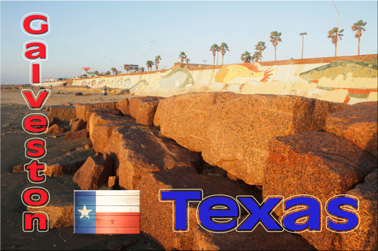 Fridge magnet featuring the seawall in Galveston, TX