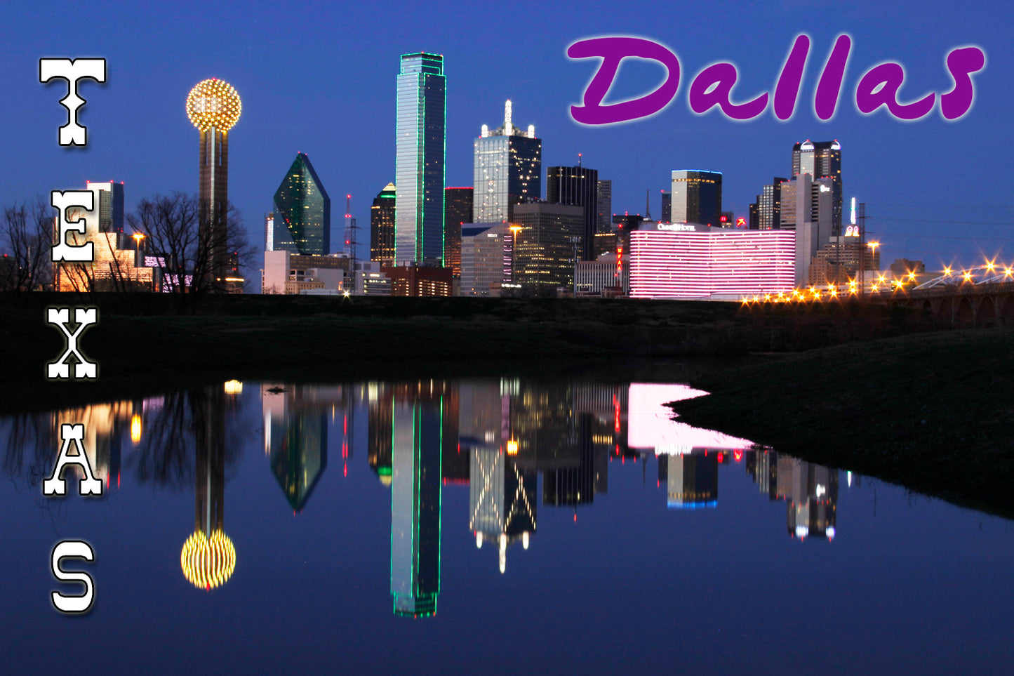 Fridge magnet featuring the downtown skyline of Dallas, TX with a reflection in the water