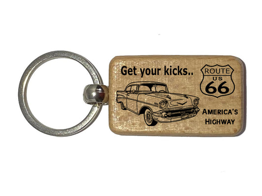 Wood Laser Engraved Keyring Featuring a Route 66 Design