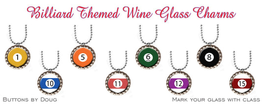 Wine glass charms featuring a billiard theme