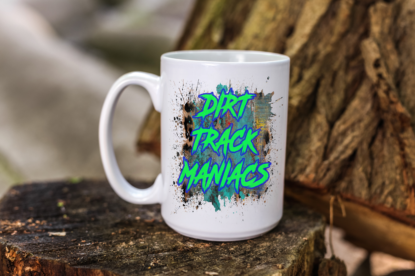 Personalized Coffee Mug Dirt Track Maniacs With The Name of Choice in Center of Mug