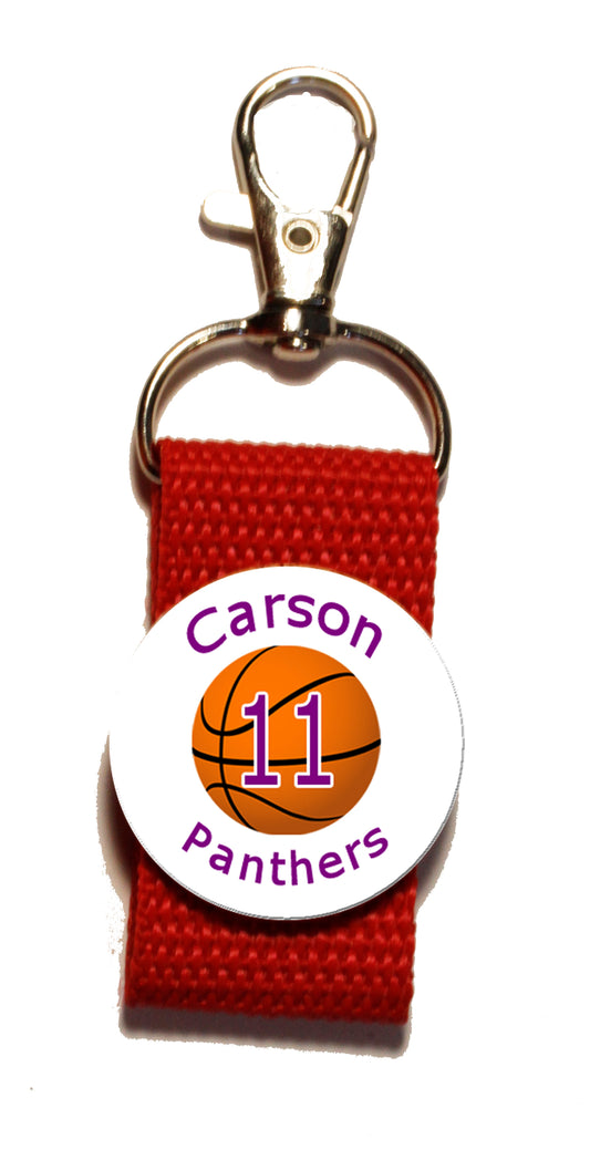 Basketball Strap Zipper Pull Personalized with name, team name, and numbere