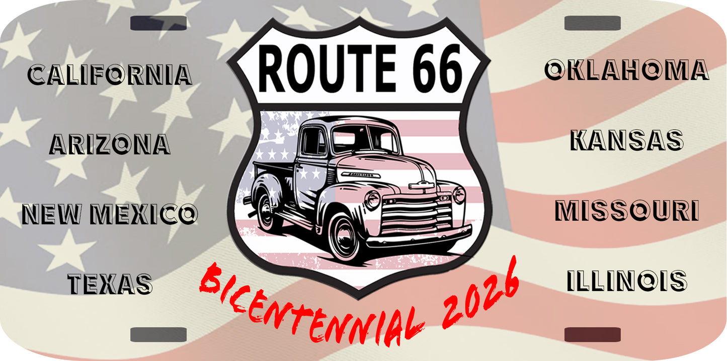Vintage Route 66 Mini License Plate, Historic American Highway Shield Design with Classic Car, States List Wall Decor, Bicentennial 2026