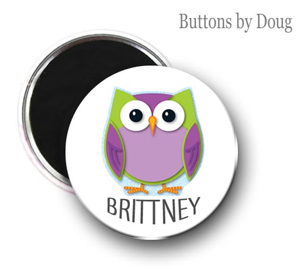 Personalized Owl Zipper Pull, Pin, or Magnet 1.5 inches in Diameter