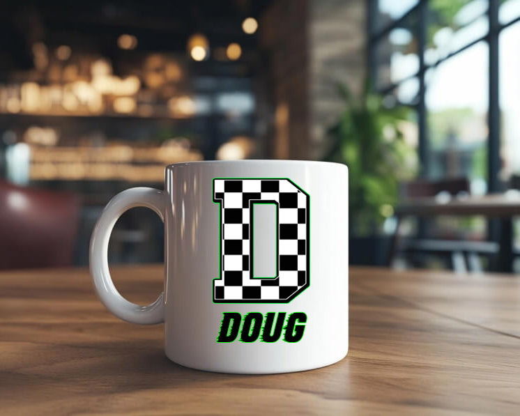 Personalized Coffee Mug With Checkered Flag Initial and Name