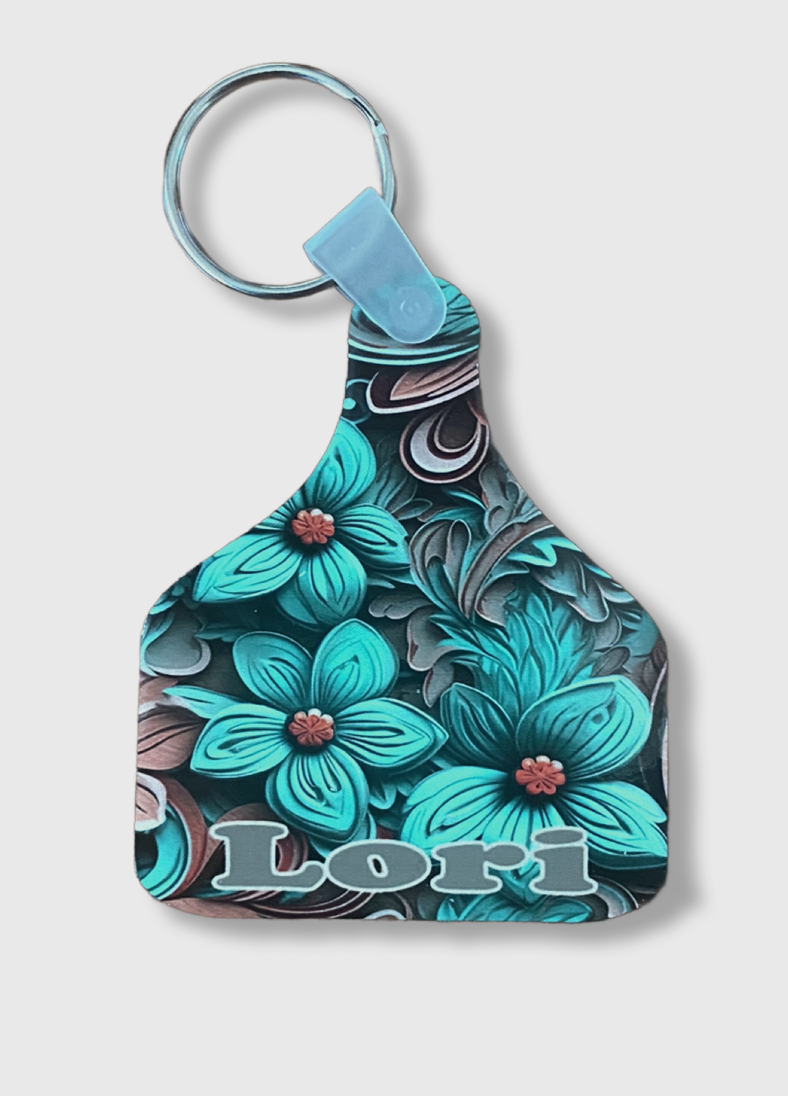 Cow Tag Key Ring Floral and Carved Leather Image Personalized With Name of Your Choice  KRDS011D