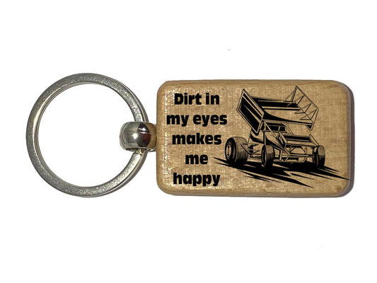 Wood Laser Engraved Keyring Featuring a Sprint Car Dirt Track Design