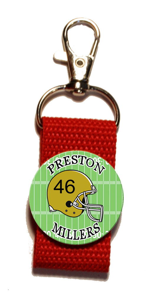Football Zipper Pull Personalized with name, team name, number You choose strap color