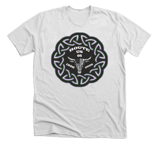 Route 66 T-Shirt Celebrating 100 Years with Celtic Knot Outlined in Green and Purple
