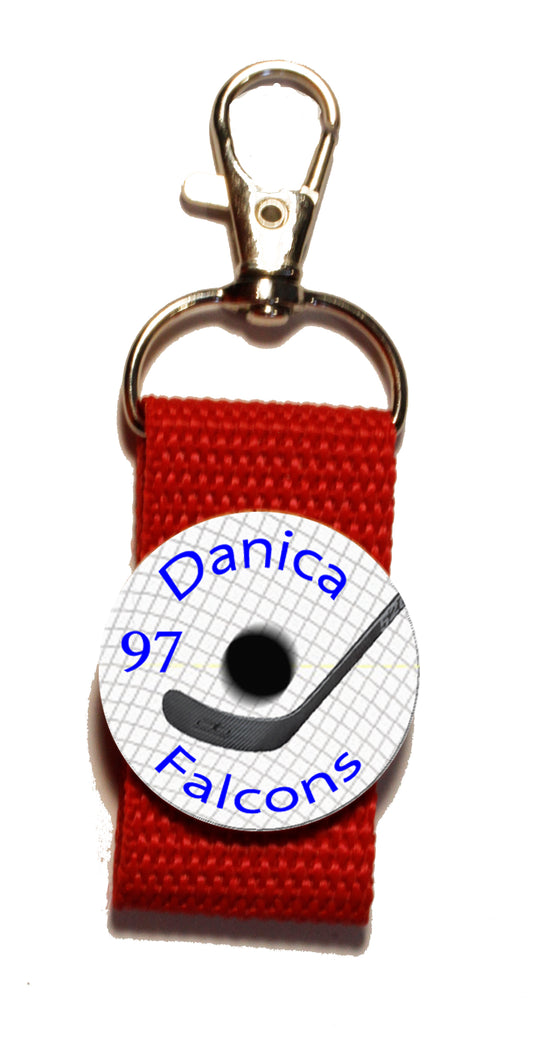 Hockey Zipper Pull Personalized with name, team name, number You choose strap color