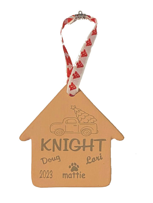 Terracotta Christmas Tree Ornament with Laser Engraved Graphics with Last Name and Family Member Names