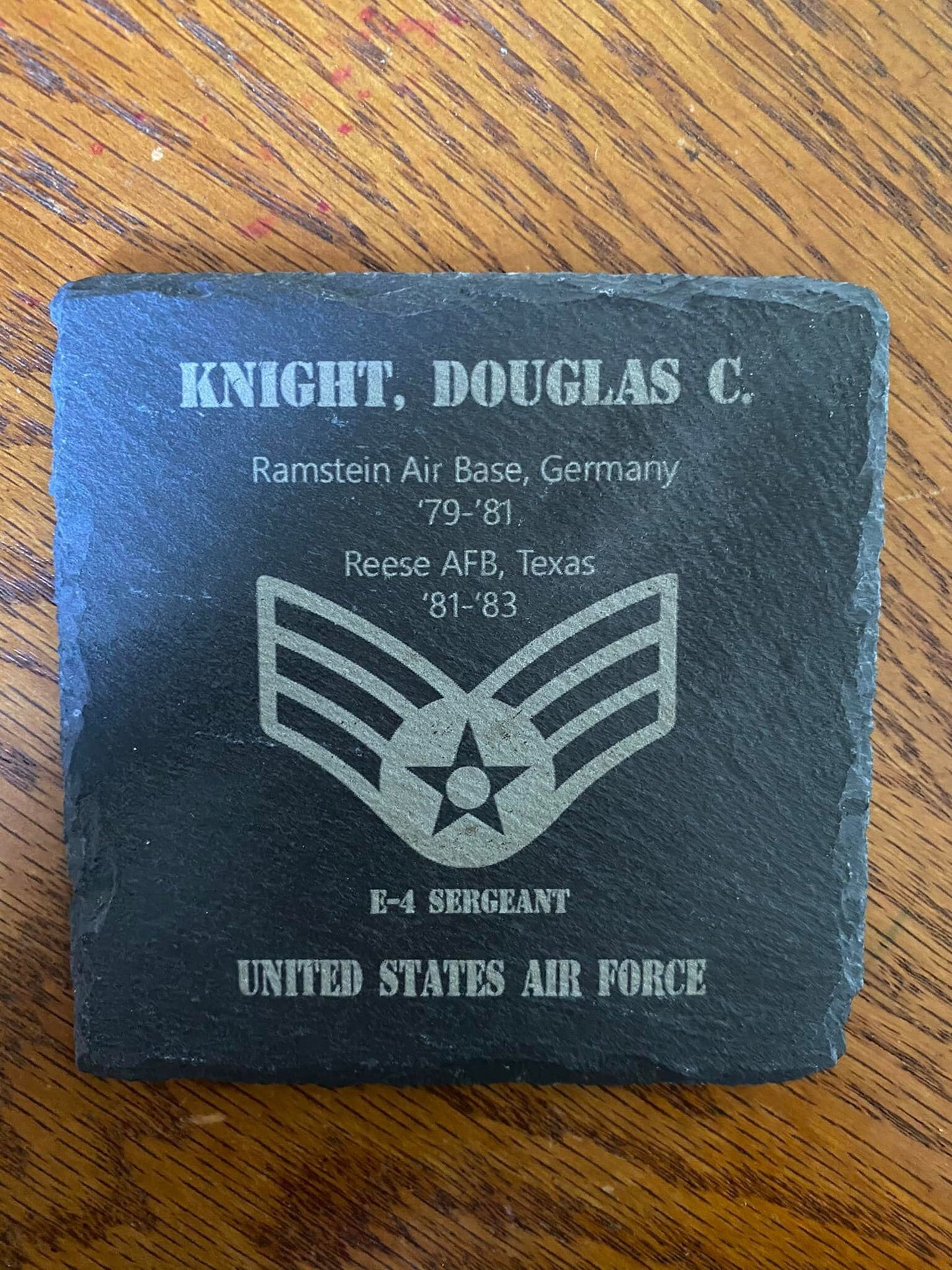 Laser Engraved Coaster Personalized with Name, Rank, and Duty Station