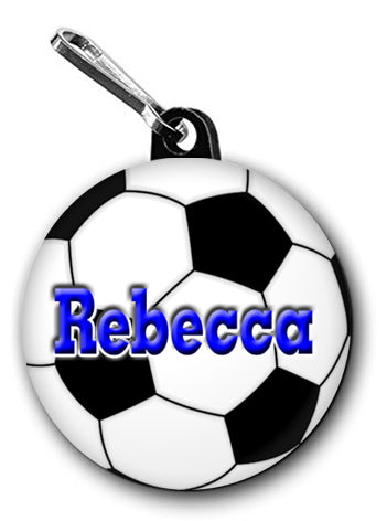 Personalized Soccer Zipper Pull, Pin, or Magnet with Name 1.5 inches in Diameter