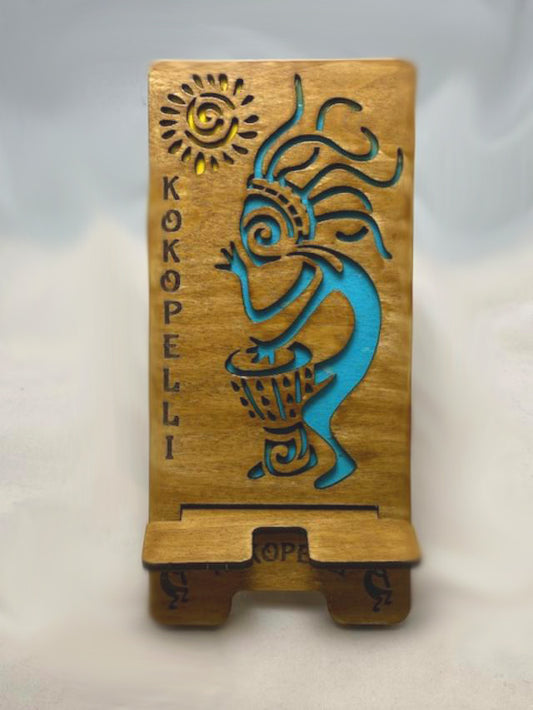 Cell Phone Stand Laser Cut and Engraved Southwest Kokopelli Themed Phone Stand