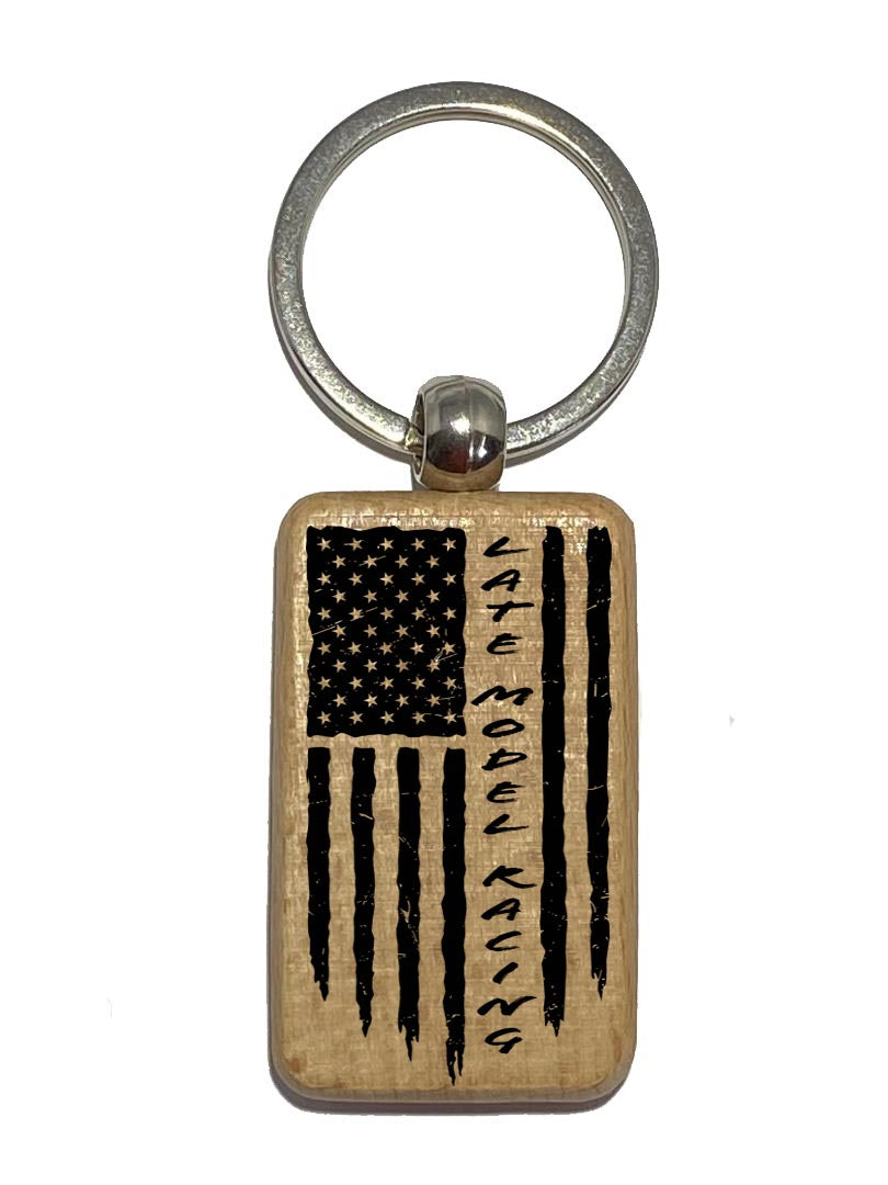 Wood Laser Engraved Keyring Featuring a Laser Engraved Late Model Racing Graphic