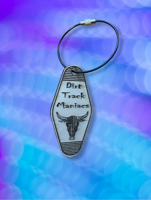 Wood and Leather Laser Cut and Engraved Key Ring with Dirt Track Maniac Design