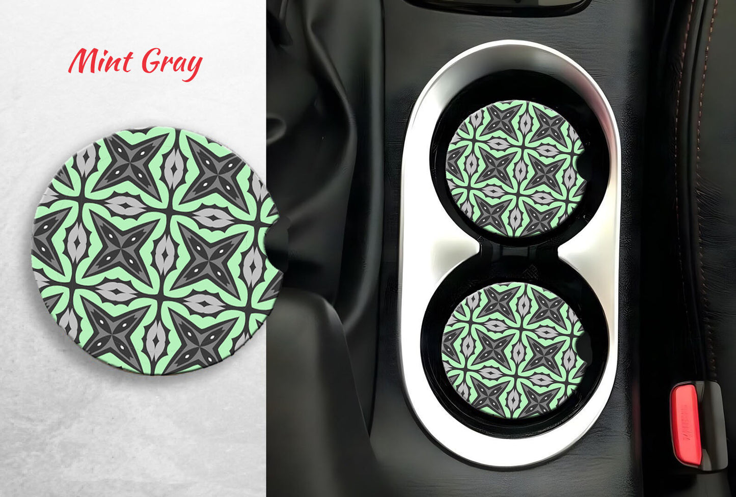 Two Mint Gray Car Coasters With a Ceramic Base
