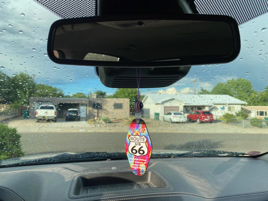 Rear View Mirror Charm Route 66 Design of Tye Dye With Route 66 Shield in the Center