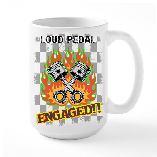 Racing Coffee Mug With Flaming Pistons and Loud Pedal Engaged!!