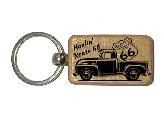 Wood Laser Engraved Keyring Featuring a Haulin' Route 66 Design