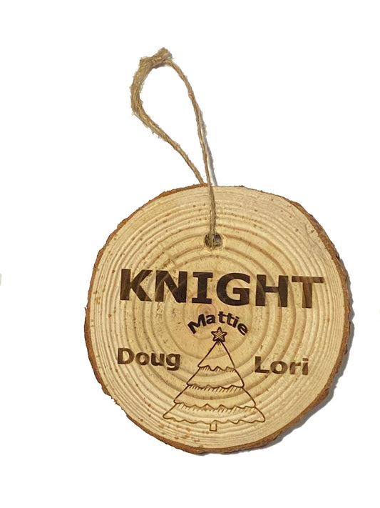 Rustic Christmas Tree Ornament with Laser Engraved Last Name and Family Member Names
