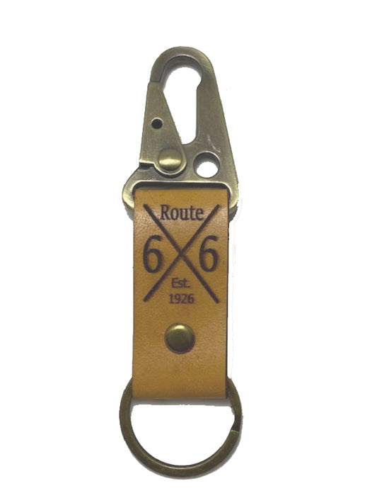 Laser engraved Leather Route 66 Key Chain with Route 66 and the date established
