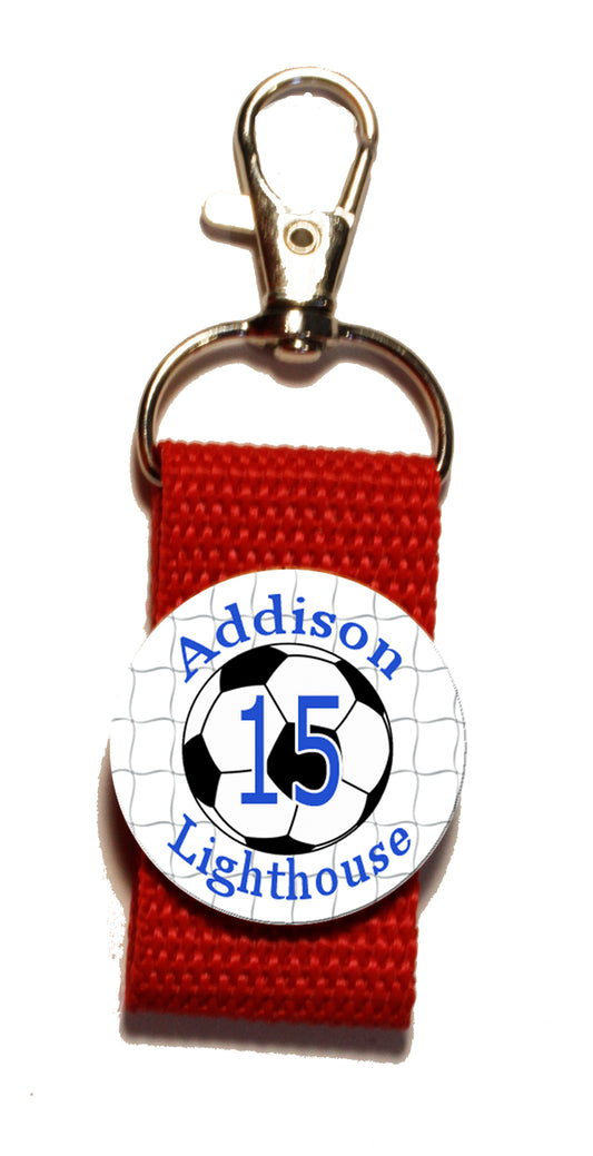 Soccer Strap Zipper Pull Personalized with name, team name, and number