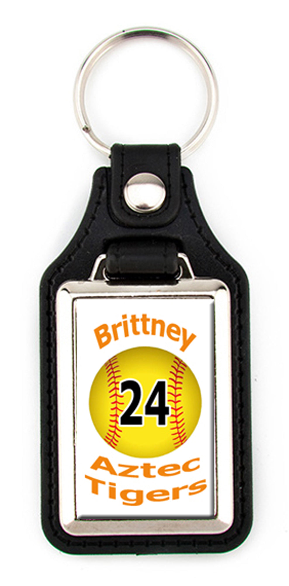 Personalized Baseball Faux Leather Key Ring vwith Name, Team name, and Number