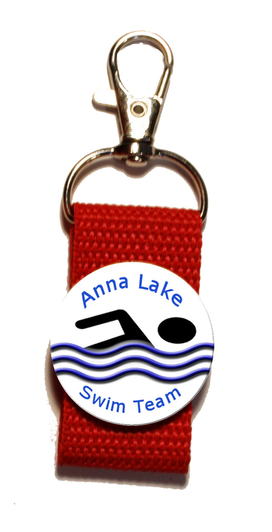Swimming Zipper Pull Personalized with name, team name.  You choose strap color