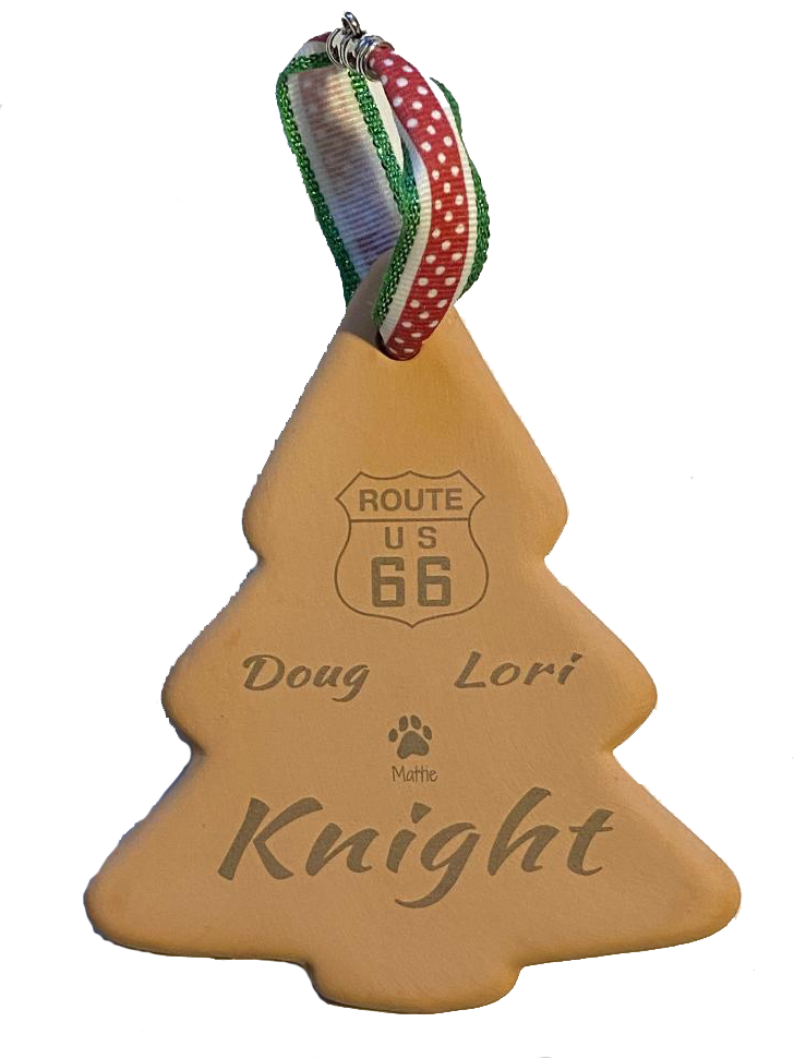Terra Cotta Route 66 Christmas Tree Ornament with Laser Engraved Graphics with Last Name and Family Member Names