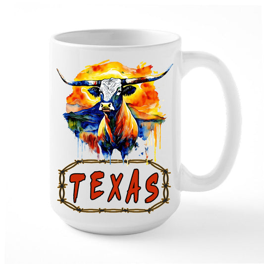 Coffee Mug Featuring a Colorful Texas Longhorn Graphic with TEXAS in a Barbed Wire Frame