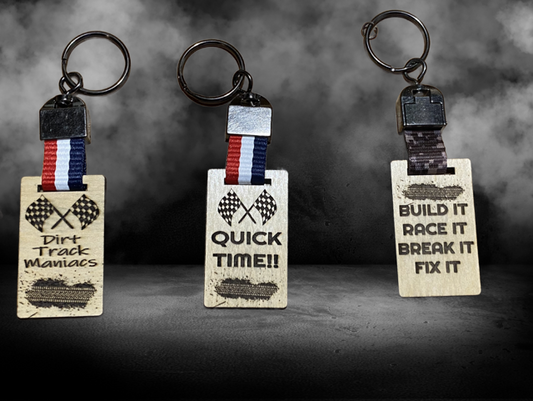 Wood and Strap Laser Cut and Engraved Key Ring with Dirt Track Maniac Designs