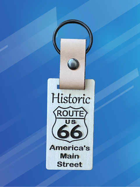 Wood and Leather Laser Cut and Engraved Key Ring with Route 66 Design