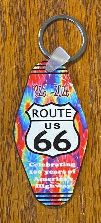 Route 66 Keyring Dye Sublimated Image with Tye Dye Graphics Background  #KRDS016E