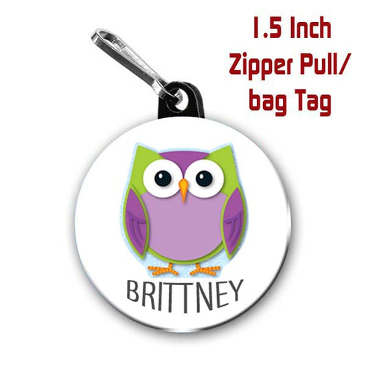 Personalized Owl Zipper Pull, Pin, or Magnet 1.5 inches in Diameter