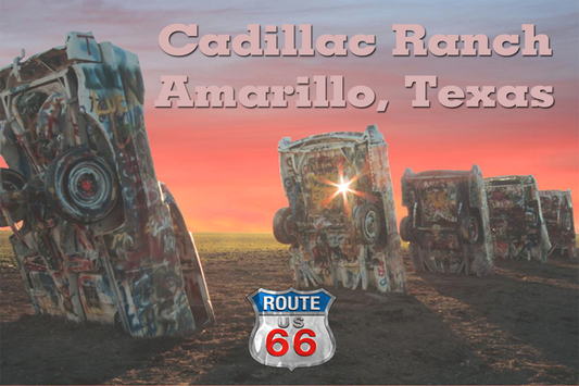 Route 66 Fridge Magnet featuring the Cadillac Ranch in Amarillo, TX